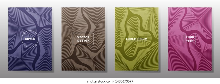 Colorful covers linear design. Fluid curve shapes geometric lines patterns. Geometric poster, flyer, banner vector backgrounds. Line stripes graphics, title elements. Cover page layouts set.