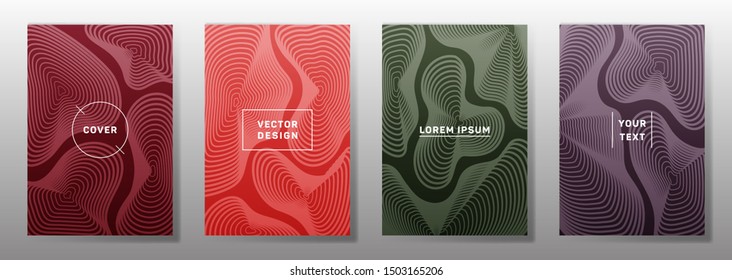 Colorful covers linear design. Fluid curve shapes geometric lines patterns. Digital backgrounds for catalogues, business magazine. Line shapes patterns, header elements. Cover page layouts set.