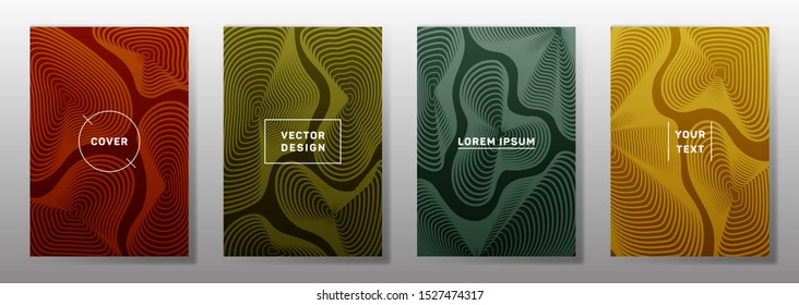 Colorful covers linear design. Fluid curve shapes geometric lines patterns. Halftone backgrounds for notepads, notice paper covers. Lines texture, header title elements. Cover page layouts set.