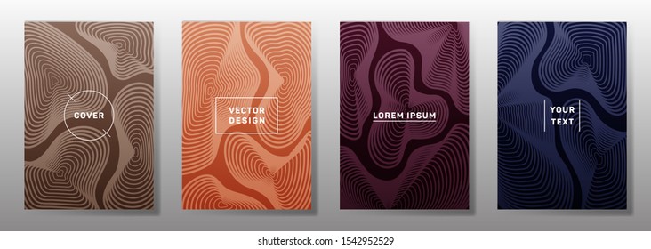 Colorful covers linear design. Fluid curve shapes geometric lines patterns. Abstract backgrounds for notepads, notice paper covers. Lines texture, header title elements. Cover page templates.