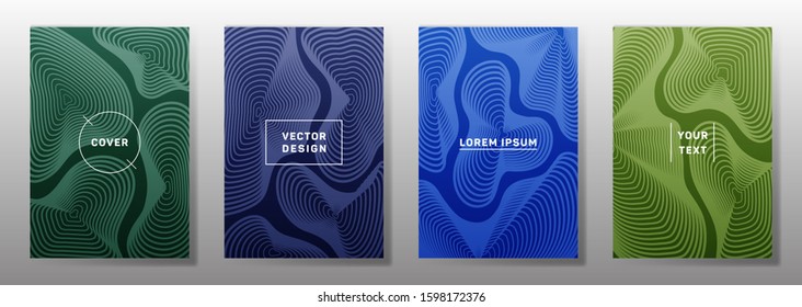 Colorful covers linear design. Fluid curve shapes geometric lines patterns. Abstract backgrounds for cataloges, corporate brochures. Line stripes graphics, title elements. Cover page layouts set.