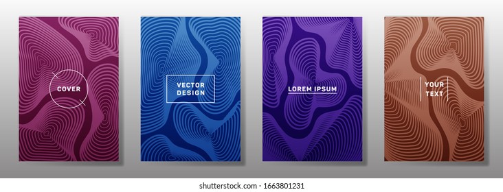 Colorful covers linear design. Fluid curve shapes geometric lines patterns. Modern poster, flyer, banner vector backgrounds. Lines texture, header title elements. Annual report covers.