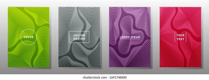 Cubiertas de colores de diseño lineal. La curva fluida da forma a los patrones de líneas geométricas. Fondos digitales para catálogos, folletos corporativos. Textura de líneas, elementos de título de encabezado. Plantillas de portada.
