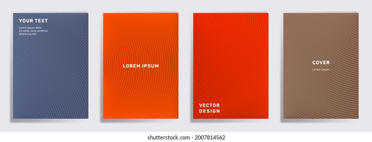 Colorful covers linear design. Radial semicircle geometric lines patterns. Linear backgrounds for notepads, notice paper covers. Line stripes graphics, title elements. Cover page templates.