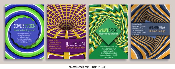 Colorful covers templates with optical illusion design elements. Booklet, brochure, annual report, poster dynamic design.