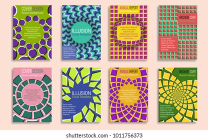 Colorful covers templates with optical illusion design elements. Booklet, brochure, annual report, poster dynamic design.