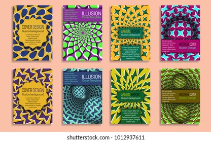 Colorful covers templates with optical illusion design elements. Booklet, brochure, annual report, poster dynamic design.