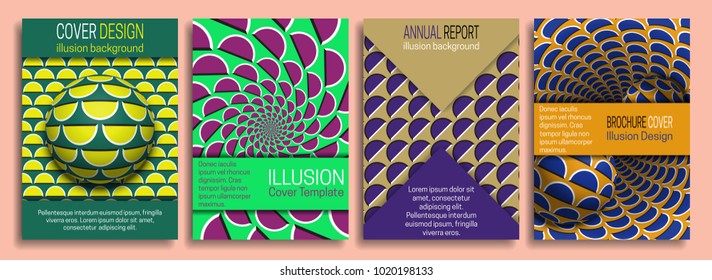 Colorful covers templates with optical illusion design elements. Booklet, brochure, annual report, poster dynamic design.