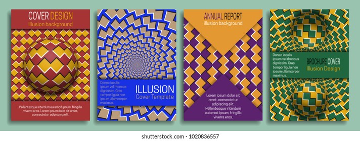 Colorful covers templates with optical illusion design elements. Booklet, brochure, annual report, poster dynamic design.