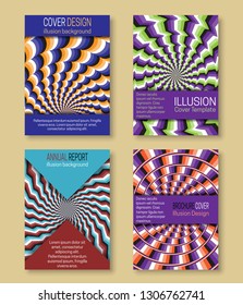 Colorful covers templates with optical illusion backgrounds. Booklet, brochure, annual report, poster design with hypnotic effect.