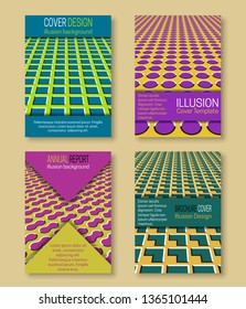 Colorful covers templates with optical illusion backgrounds. Booklet, brochure, annual report, poster hypnotic design.