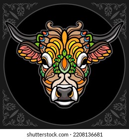 Colorful Cow mandala arts isolated on black background