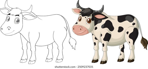 Colorful cow and its outline sketch