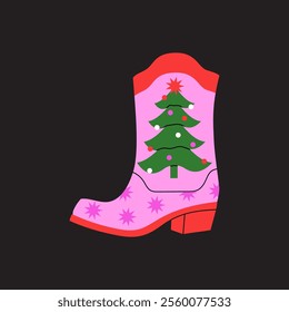 Colorful cowboy boots illustration with Christmas tree. Vector cartoon graphics