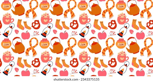 Colorful cozy autumn seamless pattern. Vector illustration.