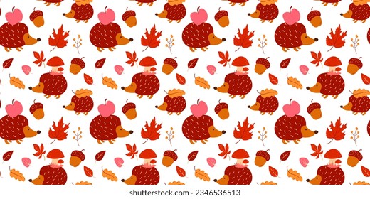Colorful cozy autumn seamless pattern. Hedgehog, apple, acorn, leaves Vector illustration