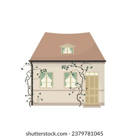 Colorful cozy building with ivy, windows and a door. Residential homestead, cottage in European style. Hand drawn exterior. Vector flat illustration isolated on white background.	