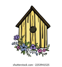 Colorful cozy Wooden birdhouse with flowers. Coloring for book. Spring vector doodle illustration, hand-drawn on transparent background