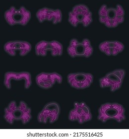Colorful crab icons set. Illustration of 16 colorful crab vector icons neon color on black