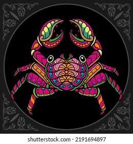 Colorful crab zentangle arts isolated on black background