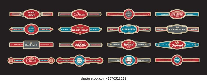 Colorful craft cigar label template. Cigars vintage tags collection isolated on black vector illustration