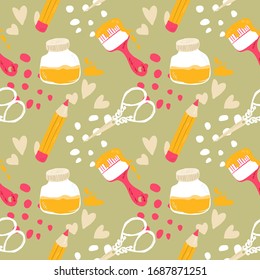 Colorful craft tools and hearts, seamless pattern