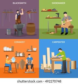 Colorful craftsman flat 2x2 icons set with blacksmith shoemaker ceramist and carpenter at work isolated vector illustration