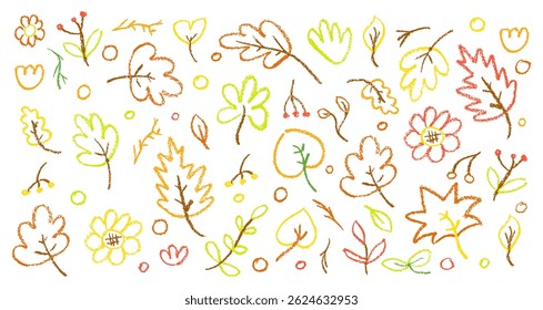 Conjunto de Vector de otoño de lápiz de colores con hojas, baya del bosque y gotas de lluvia en pizarra blanca perfecto para niños, manualidades de jardín de infantes, diseños de temporada de regreso a la escuela y materiales educativos.