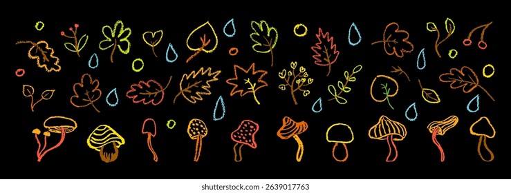 Colorful crayon autumn vector set with leaves, mushrooms, forest berry and raindrops perfect for children, kindergarten crafts, back to school seasonal designs and educational materials.