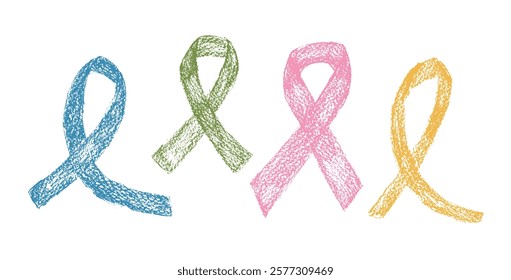 colorful crayon awareness ribbons set. symbols of solidarity doodle isolated on white background. elements. Vector drawn by pencil illustration