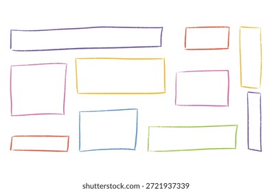 Marco de borde de crayón colorido con forma de rectángulo de doodle dibujado a mano. Lindo diseño de caja infantil con textura de tiza áspera y pinceladas pastel. Vector para proyectos escolares o de jardín de infancia.