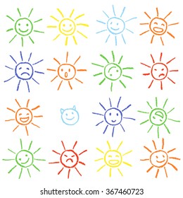 Colorful crayon chalk funny sun with smile. Colorful pastel chalk hand drawn set of happy, glad, happy, angry, sad, faces suns. Many cute suns.