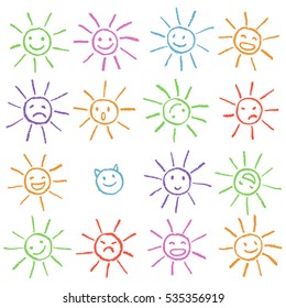 Colorful crayon chalk funny sun with smile face. Colorful pastel chalk hand drawn set of happy, glad, happy, angry, sad, faces suns. Many cute suns.