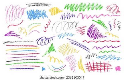 Colorful crayon or charcoal lines set. Doodle lines with grunge pastel pencil texture. Hand drawn chalk scribbles or rough marks. Sketchy squiggle brushes for banner design, graffiti, childish drawing