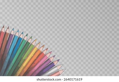 Colorful crayon colored pencil set png. Back to school concept with colorful crayons on isolated transparent background. Vector multicolored pencils illustration.