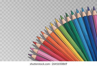 Colorful crayon colored pencil set png. Back to school concept with colorful crayons on isolated transparent background. Vector multicolored pencils illustration.
