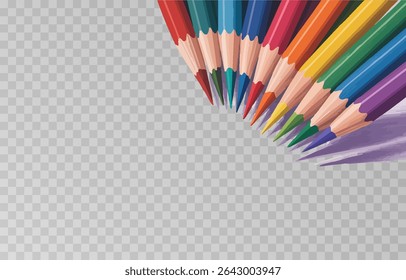 Colorful crayon colored pencil set png. Back to school concept with colorful crayons on isolated transparent background. Vector multicolored pencils illustration.