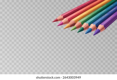 Colorful crayon colored pencil set png. Back to school concept with colorful crayons on isolated transparent background. Vector multicolored pencils illustration.