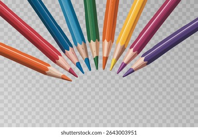 Colorful crayon colored pencil set png. Back to school concept with colorful crayons on isolated transparent background. Vector multicolored pencils illustration.