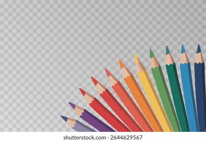 Colorful crayon colored pencil set png. Back to school concept with colorful crayons on isolated transparent background. Vector multicolored pencils illustration.