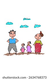 Colorful crayon cute drawings of family for children