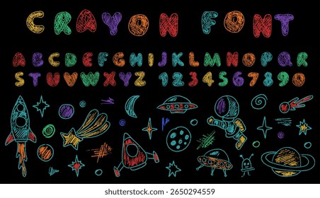 Colorful crayon depiction of outer space with planets, stars, and a rocket, accompanied by crayon-style English text.