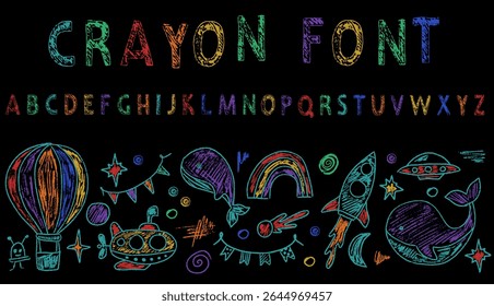 Colorful crayon depiction of a rocket soaring above the sea, with crayon-style English captions.