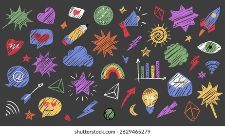 Crayon coloré Doodle Image vectorielle artistique avec divers Éléments amusants et créatifs
