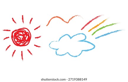 Colorful Crayon Doodle Sun, Cloud and Rainbow Lines