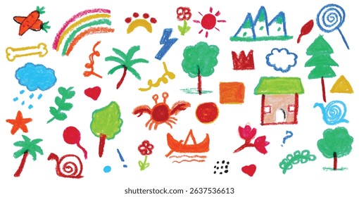 Colorful crayon doodles: rainbow, trees, mountains, house, crab, boat. Kids nature elements