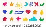 Colorful crayon doodles and scribbles with different simple concept symbols. Stickers, graphic design element set. Vector childish illustrations.