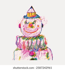 Colorful crayon drawing of a cheerful clown with a cone hat and big smile. Bright colors and playful style create a joyful, whimsical clown image. Vintage art illustration, vector.