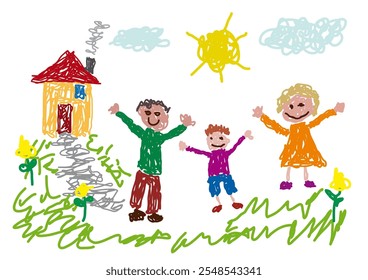 Colorful crayon drawing of a happy family celebrating in front of their house under a shining sun. Vector illustration that looks like it was made by a child