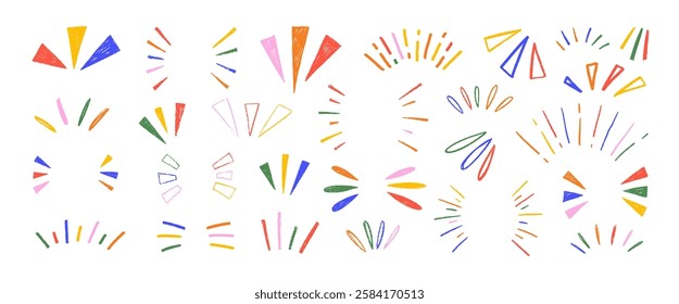 Colorful crayon drawn attention symbols, doodle expression signs, simple sketch line emphasis. Doodle shine sunburst sparkle ray elements. Cute funky elements for express emotion, movement, attention.